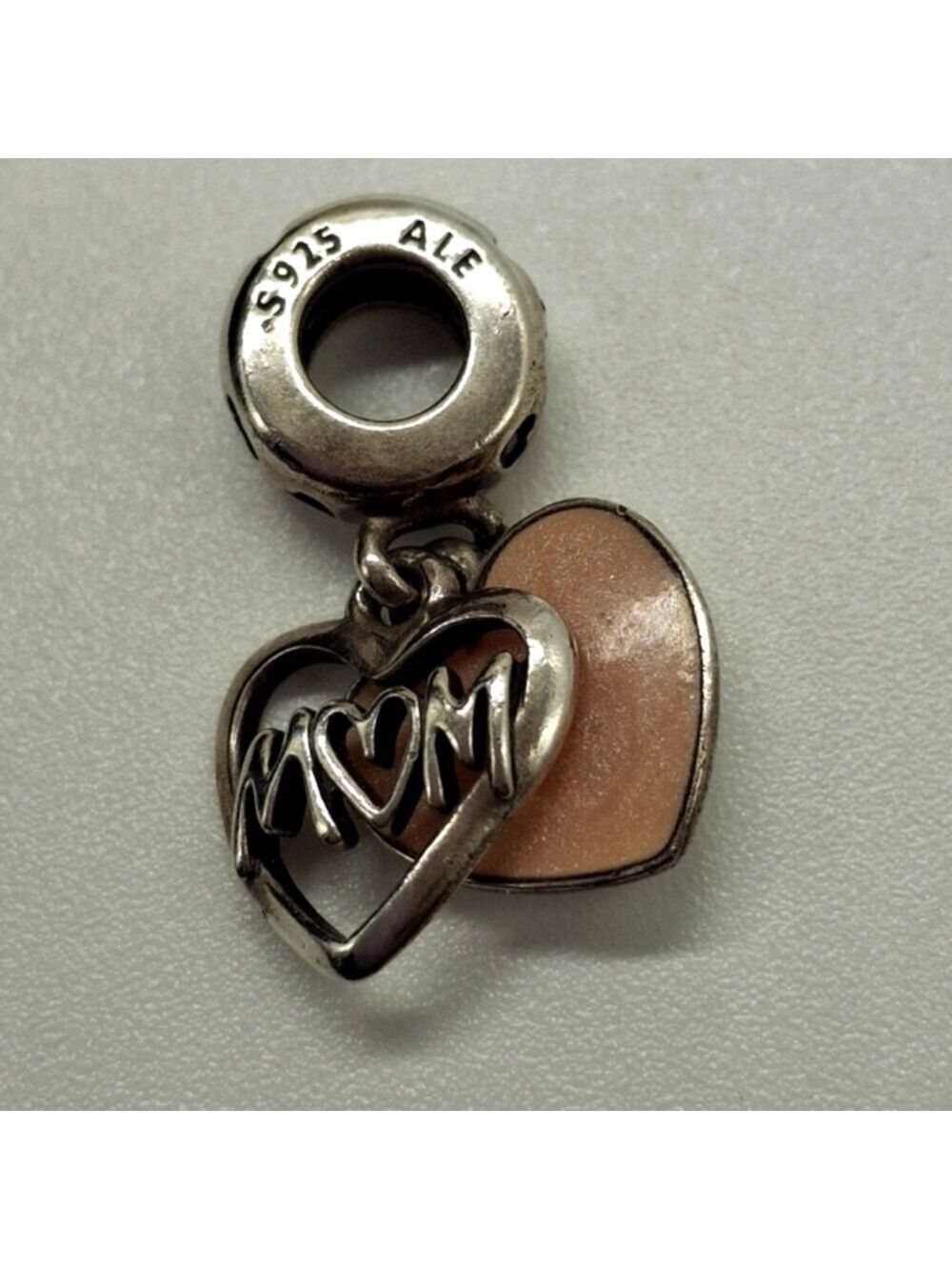Pandora Silver 'Mom' Heart Charm with Pink Enamel  Accent
